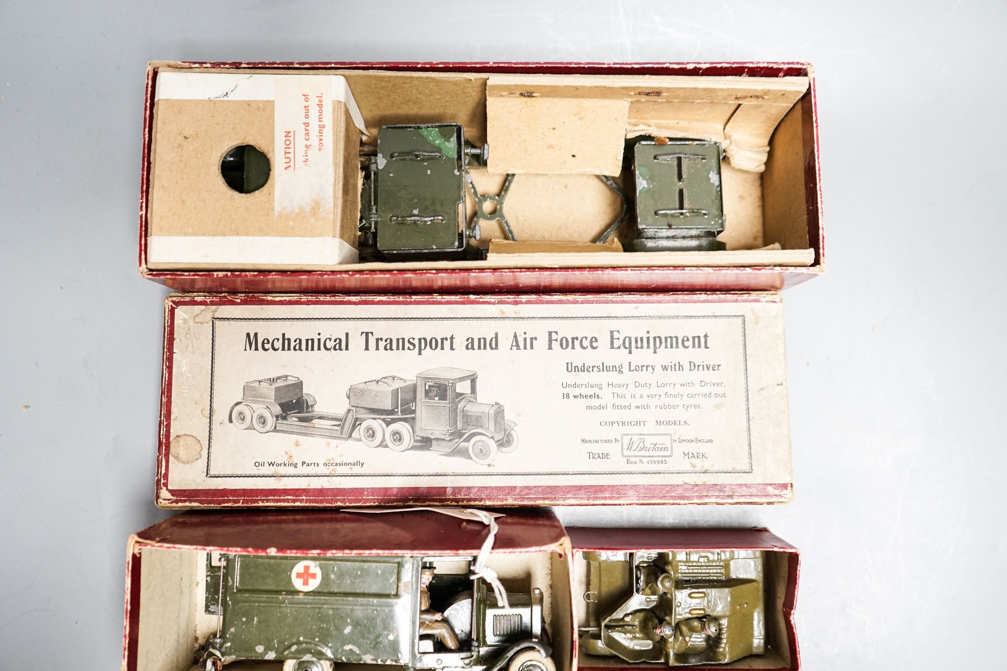 Britain's 1641 Mechanical Transport and Air Force Equipment 1512 Khaki Army Ambulance and 1876 Bren Gun Carrier all in original boxes, pre-war